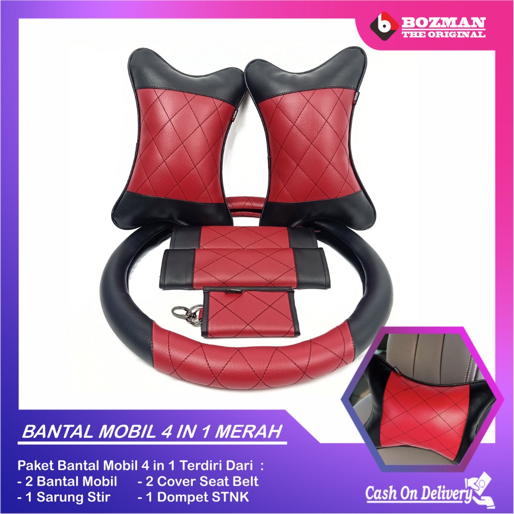 Set Bantal Mobil 4 in 1 Premium Bantal Cover Seatbelt Sarung Stir Dompet STNK