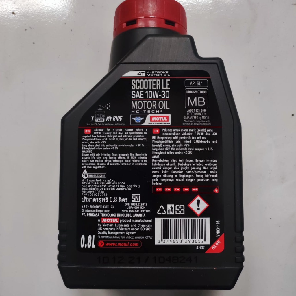 Oli motor matic MOTUL SCOOTER LE 10W30 0.8L 4T API SL JASO MB