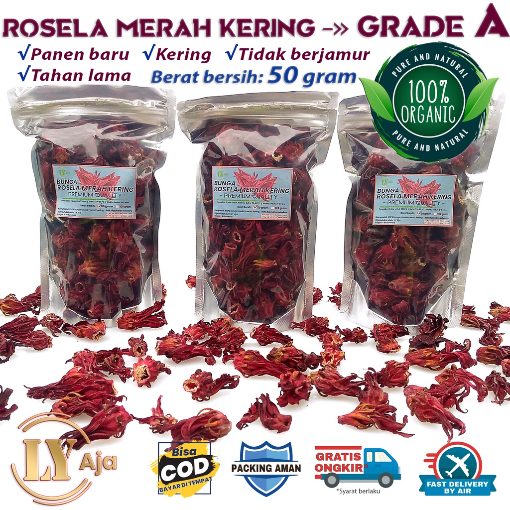 Teh Bunga Rosella Merah Rosela Ungu 50 gram LY Aja Kering Grade A 50 Gr