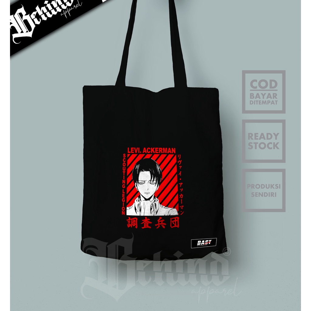 TOTE BAG ANIME AOT LEVI ACKERMAN BAHAN SEMI KANVAS RESLETING