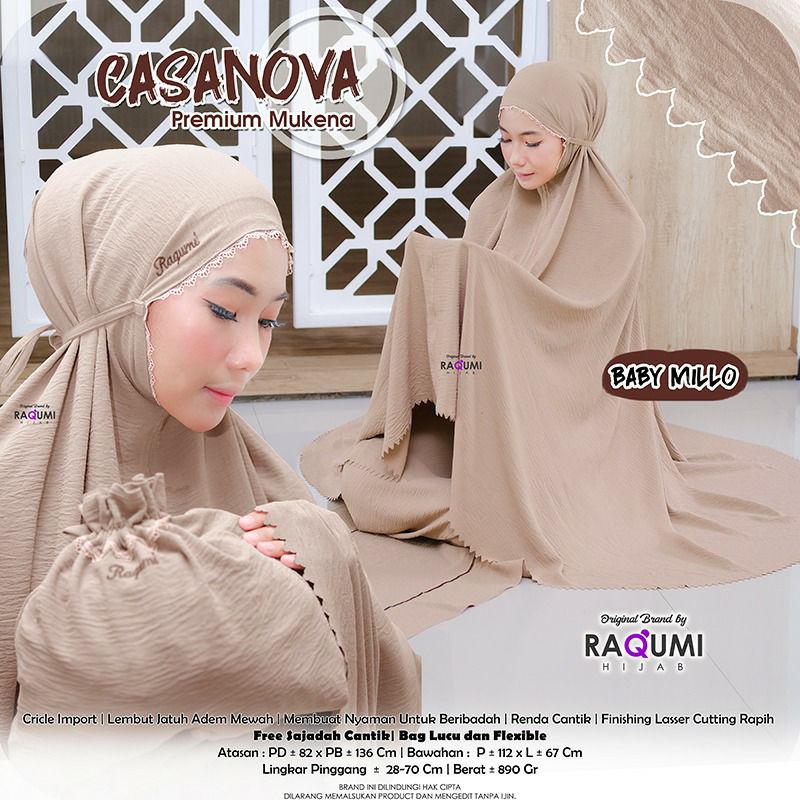 Casanova Premium Mukena ORI Raqumi Hijab Bahan Crincle Import Lembut Jatuh Super Adem dan Nyaman dip