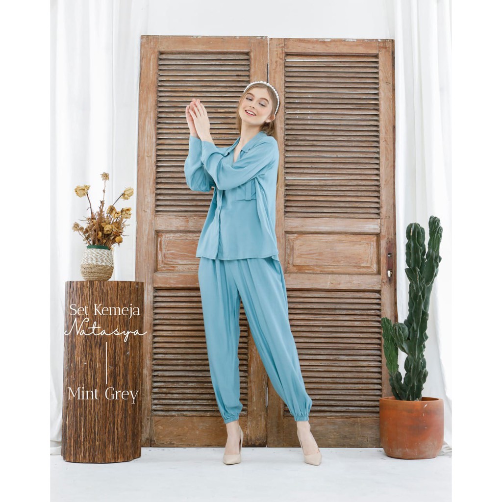 Leesy.Id - Set Jogger Rayon Premium Motif Natasya-NATASYA MINT GREY