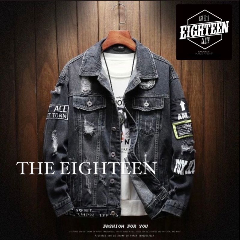 THE EIGHTEEN JAKET JEANS PRIA HIPHOP TERBARU LEVIS STYLE KOREA SOBEK TEMPEL COWOK DENIM ATASAN PRIA 