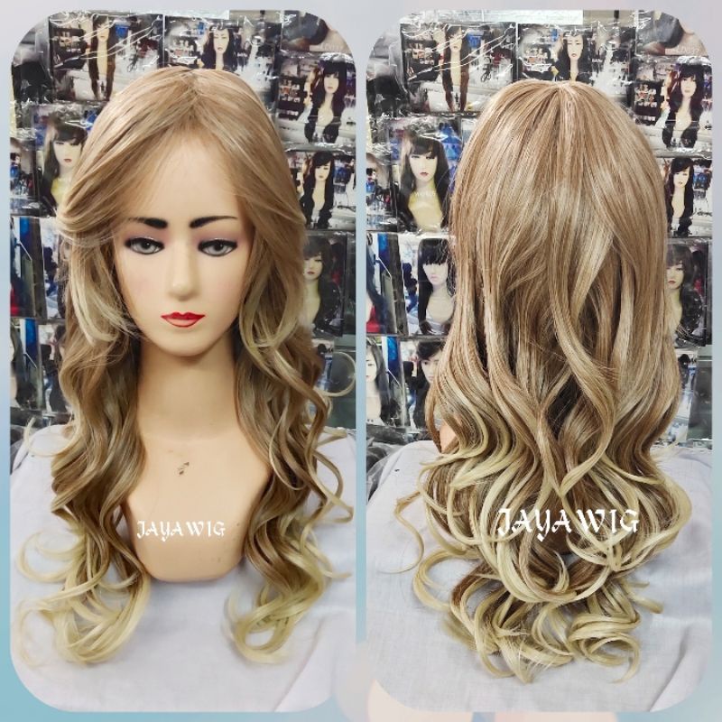 Wig Keriting Panjang Ombre Caramel Rambut Palsu gelombang Panjang 55cm