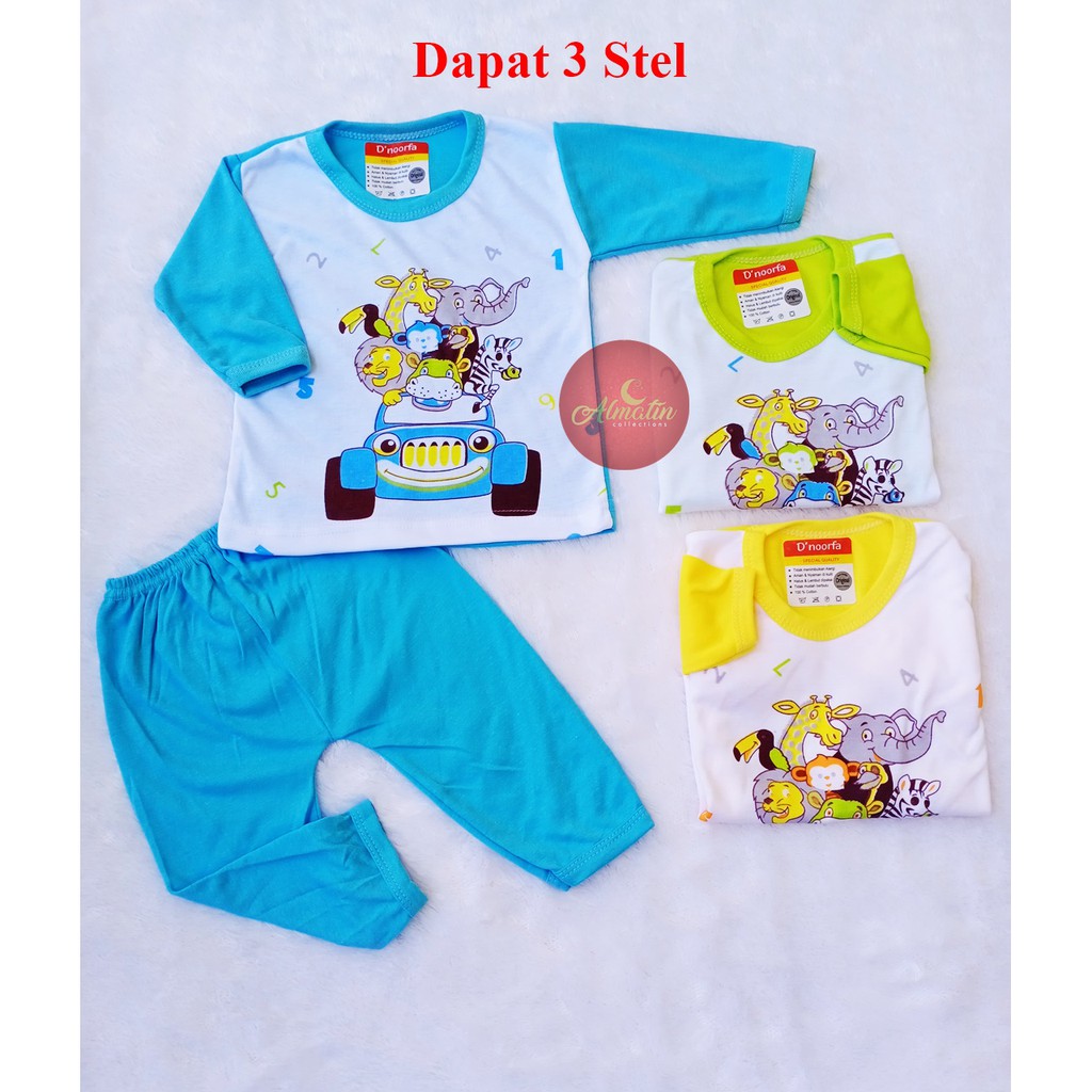 Setelan Piyama Panjang Bayi / 3 Stel Baju Panjang Anak Motif Animal / Baju Bayi D'noorfa