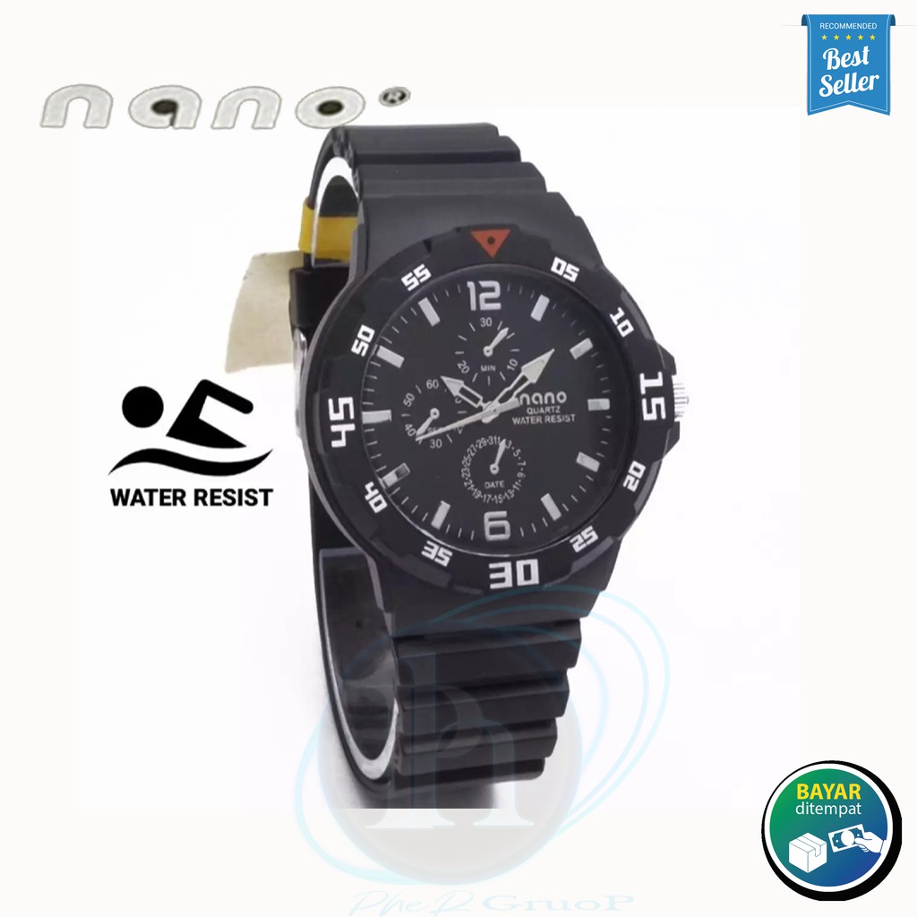 Nano Jam Tangan Pria Anti Air Analog Full Hitam Water Resist Terbaru