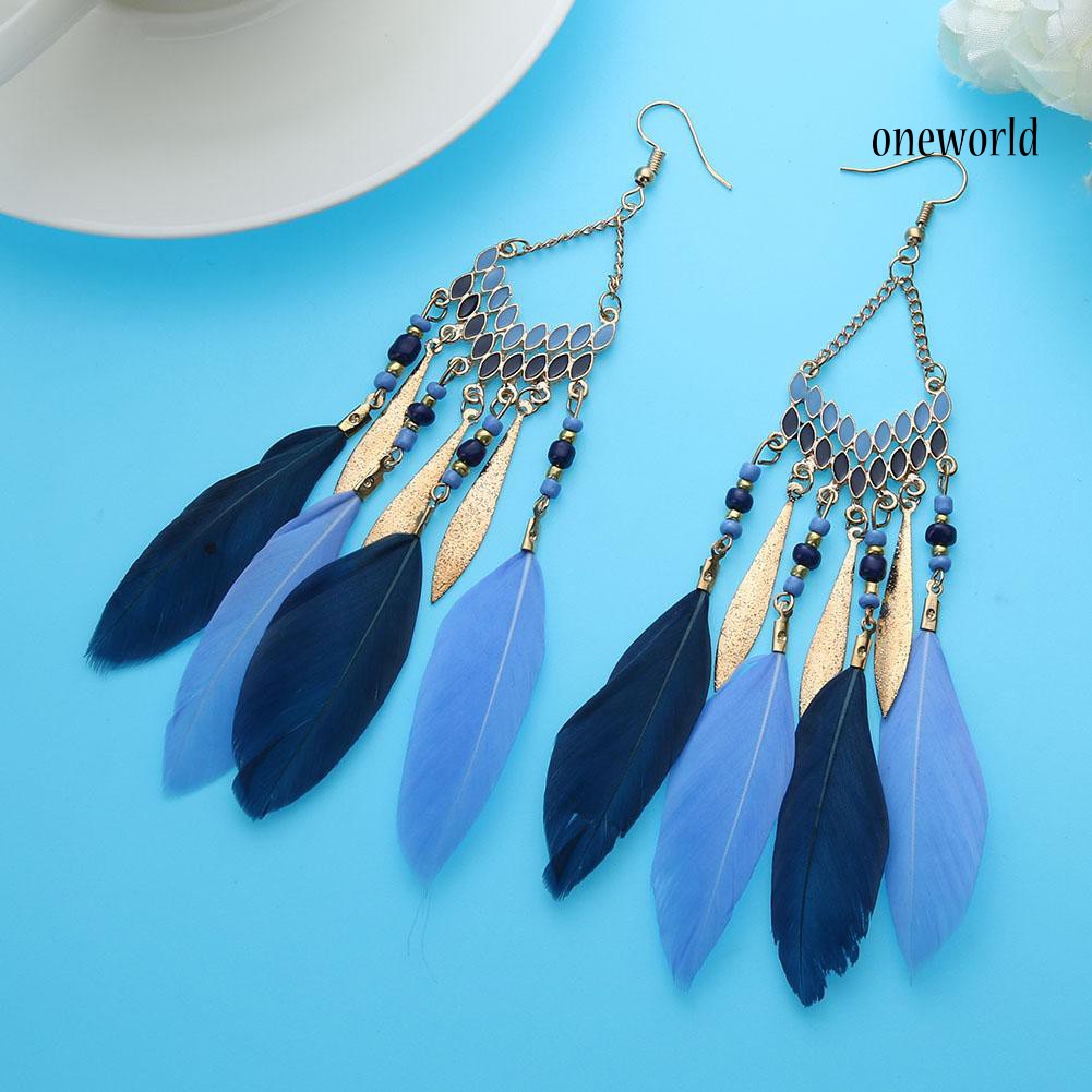 OW@ Vintage Long Dangle Feather Boho Hook Earrings Women Charming Jewelry Gift