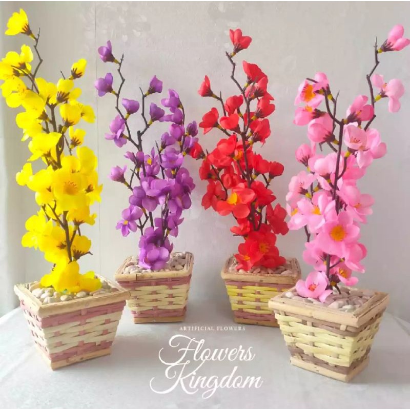 [ PROMO TERMURAH ] BUNGA SAKURA ARTIFICIAL TERMASUK VAS ROTTAN | DEKORASI RUANG TAMU | SOUVENIR | GI