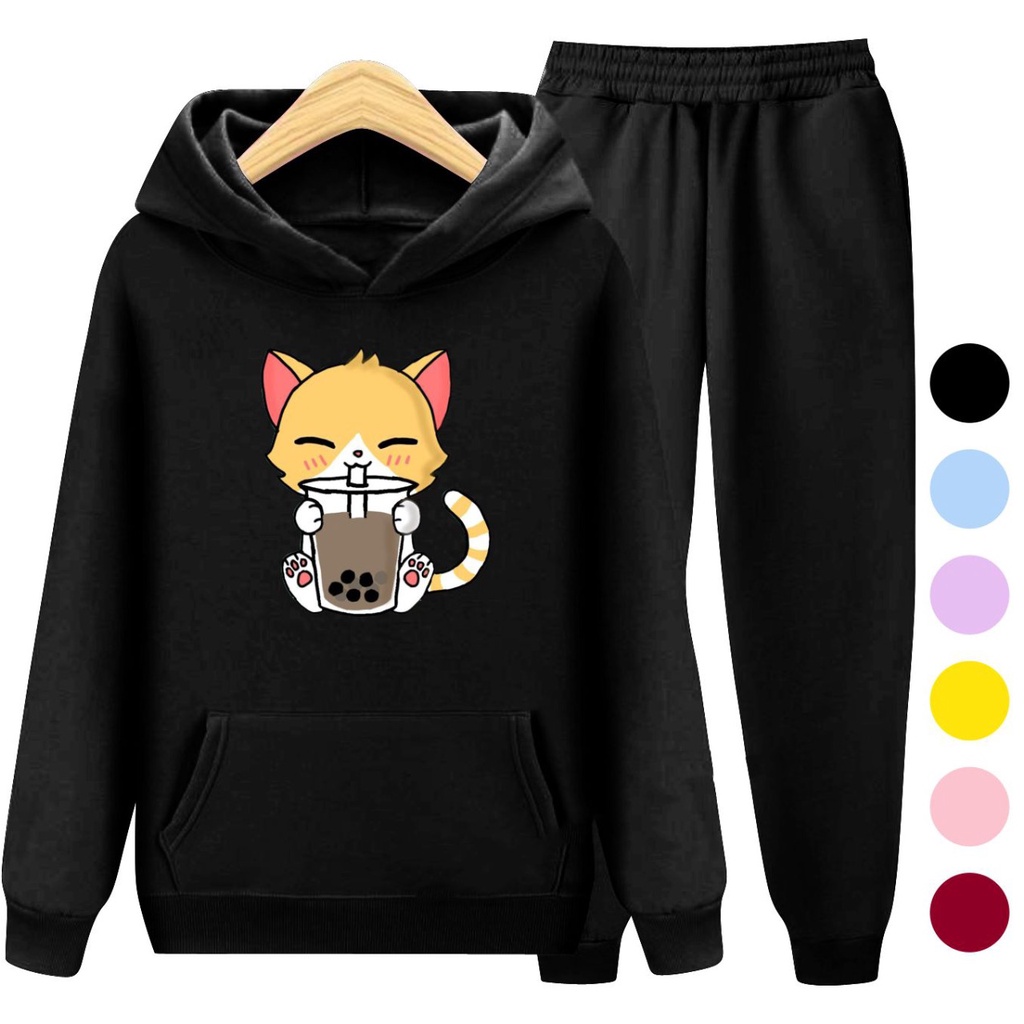 Setelan Sweater Hoodie CAT BOBA / Sweater Anak-Anak Remaja Size S, M , XL , XXL