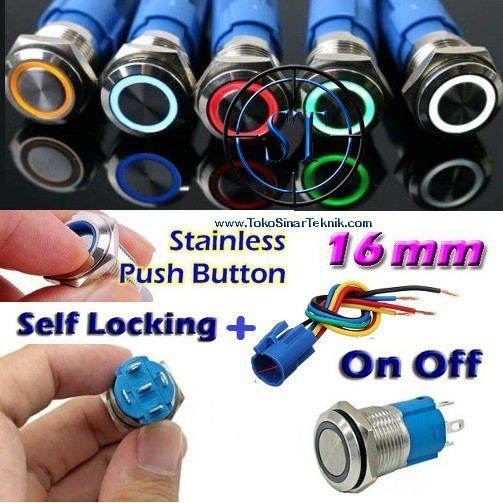 16mm Switch with Ring LED Saklar Metal Stainless Push Button Self Locking Plus  konektor Kabel Set Waterproof Mengunci On Off On