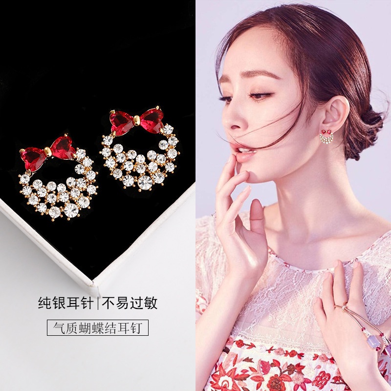 S925 gaya Korea anting-anting berlian merah muda bow perak jarum personalized anting-anting diamond