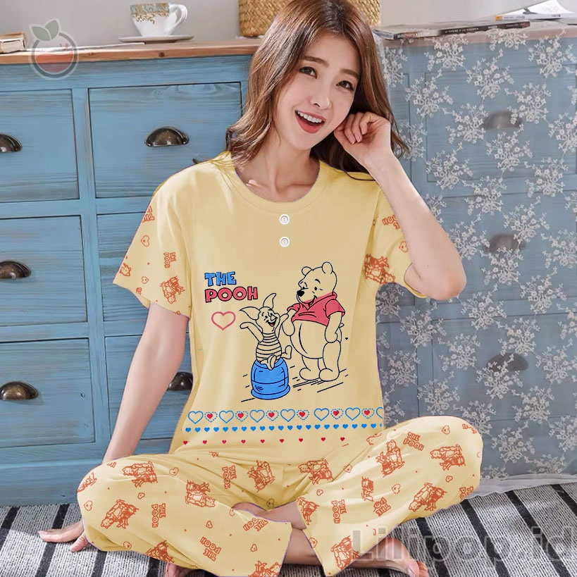Baju Tidur Stelan Wanita Celana Panjang Baby doll Dewasa Piyama Allsize Cp Lilipop Sleep Wear-Piglet kuning