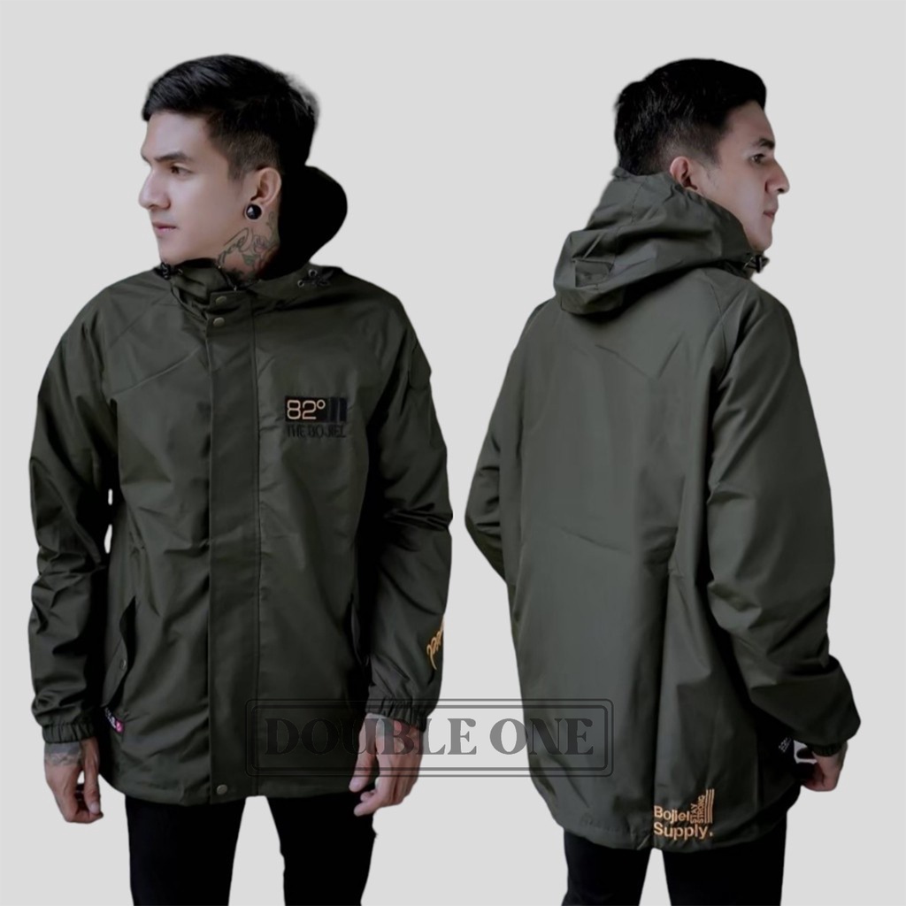 DOUBLE ONE - Jaket Hoodie Parasut Casual Reglan Original THE BOJIEL  / Jaket Taslan Pria / Jaket Waterproof Green Army