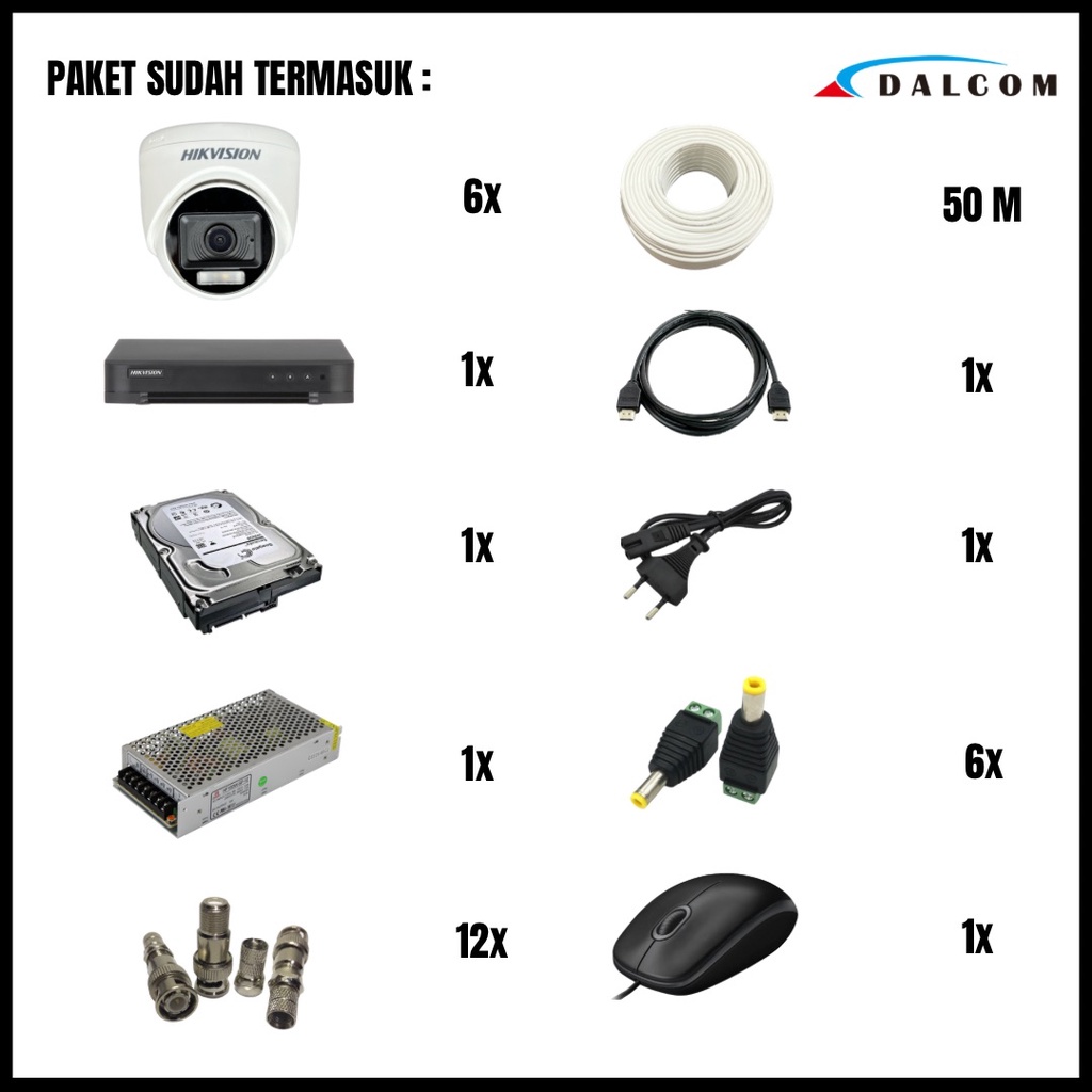 PAKET CCTV HIKVISION COLORVU 2MP 8 CHANNEL 6 CAMERA KAMERA CCTV COLORFUL