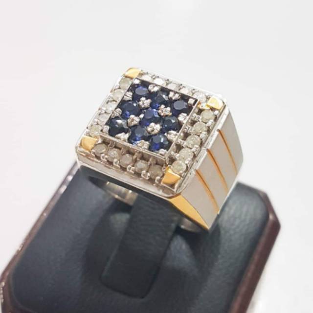 Cincin perak pria batu blue safir natural berlian eropa