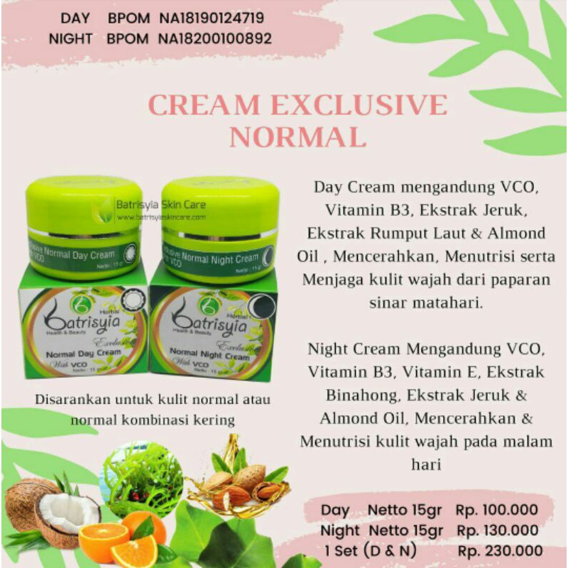 cream EXCLUSIVE NORMAL BATRISYIA batrisya batrisia herbal pemutih wajah glowing bpom day night 15g