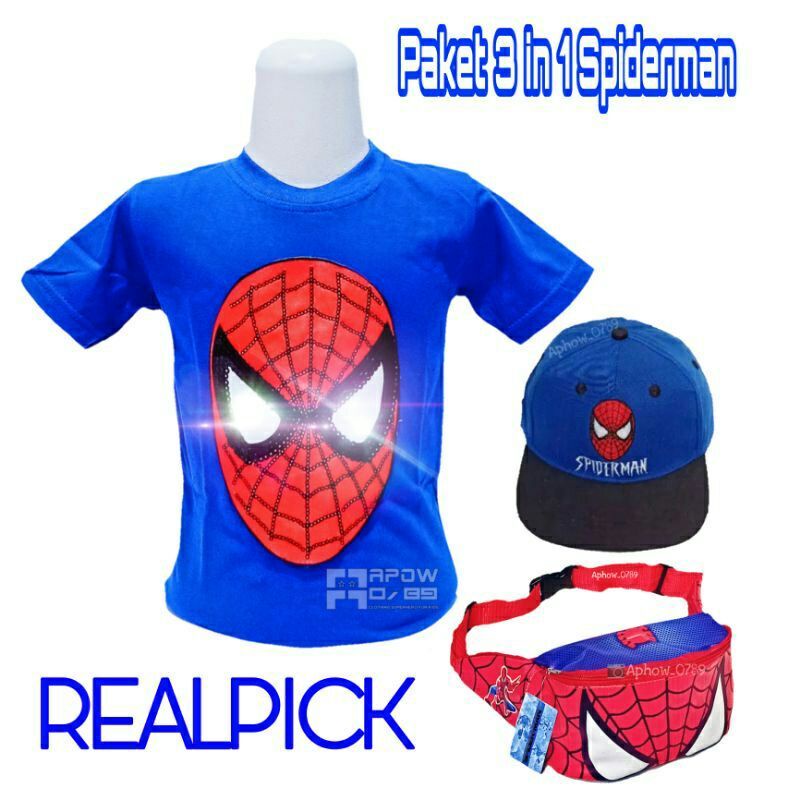 COD | Kaos Anak Karakter LeD Spiderman 3in1 Free Topi Bordir dan Tas Waistbag