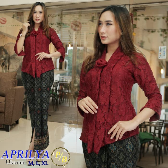 Setelan Kebaya Floy Brokat Rok Wiron Warna Maroon / Kebaya Modern