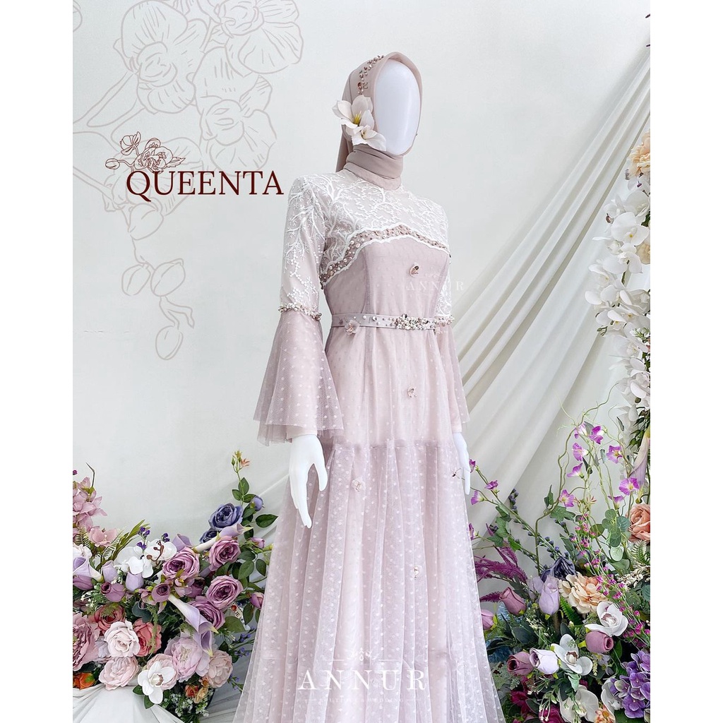 Annur Label Queenta Dress Premium Motif Bordir Tulle Dotty – Elegan untuk Resepsi, Prewedding & Page