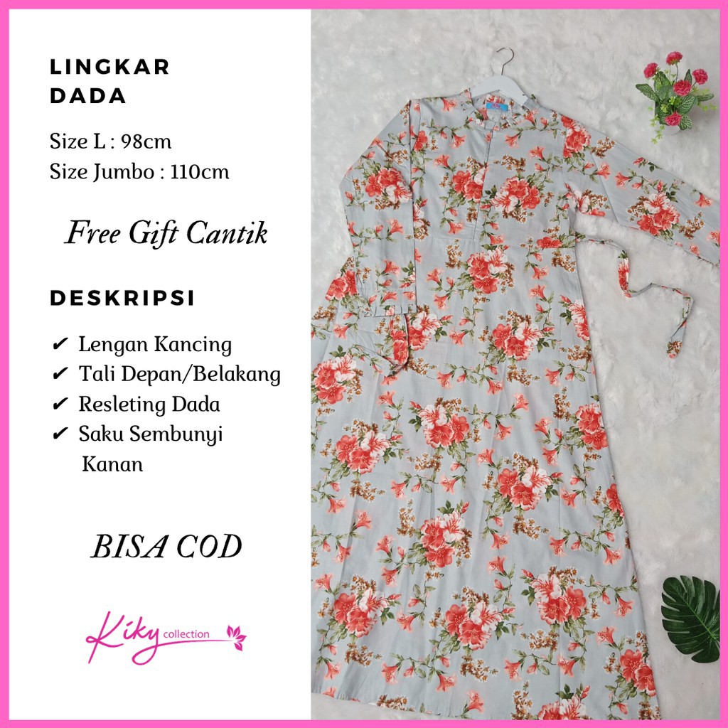 Gamis Katun Jepang Original Kekinian Cantik Wanita Dewasa Motif Kembang Sepatu Size L