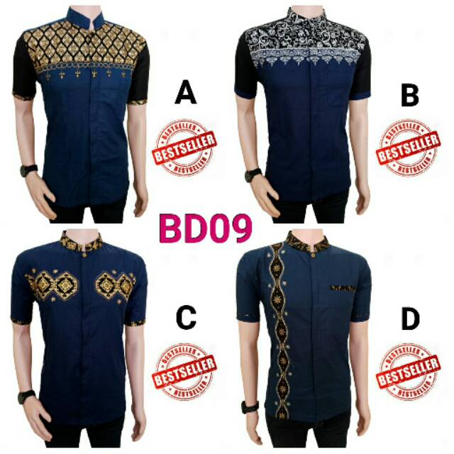  Baju  koko  lengan pendek batik  kombinasi bordir bd09 biru 