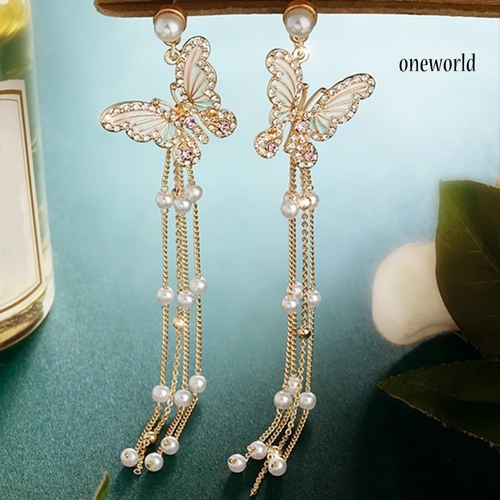 OW@ Lady Bling Rhinestone Inlaid Butterfly Long Tassel Faux Pearl Drop Stud Earrings