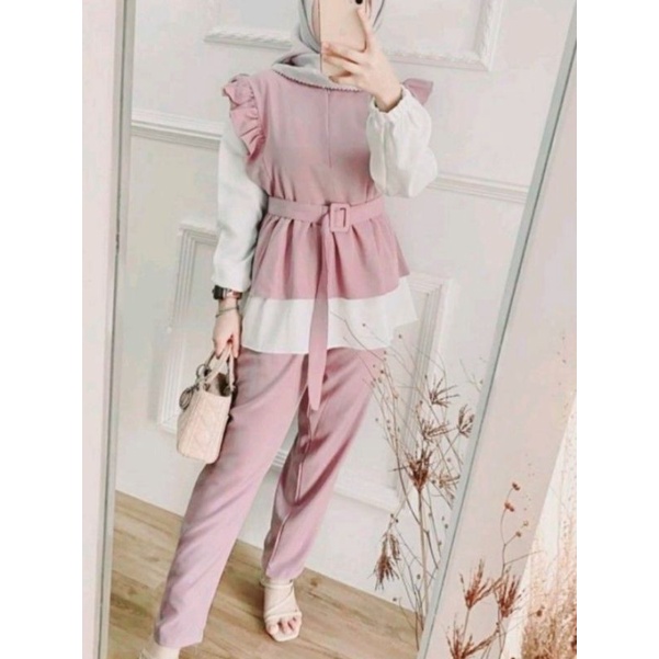 ONE SET JUMBO XXL - STANDART L / XL - ONE SET NIKEN SET / SETELAN WANITA ONE SET DAILY SET TUNIK  FASHION WANITA-MALIKA DUSTY XXL