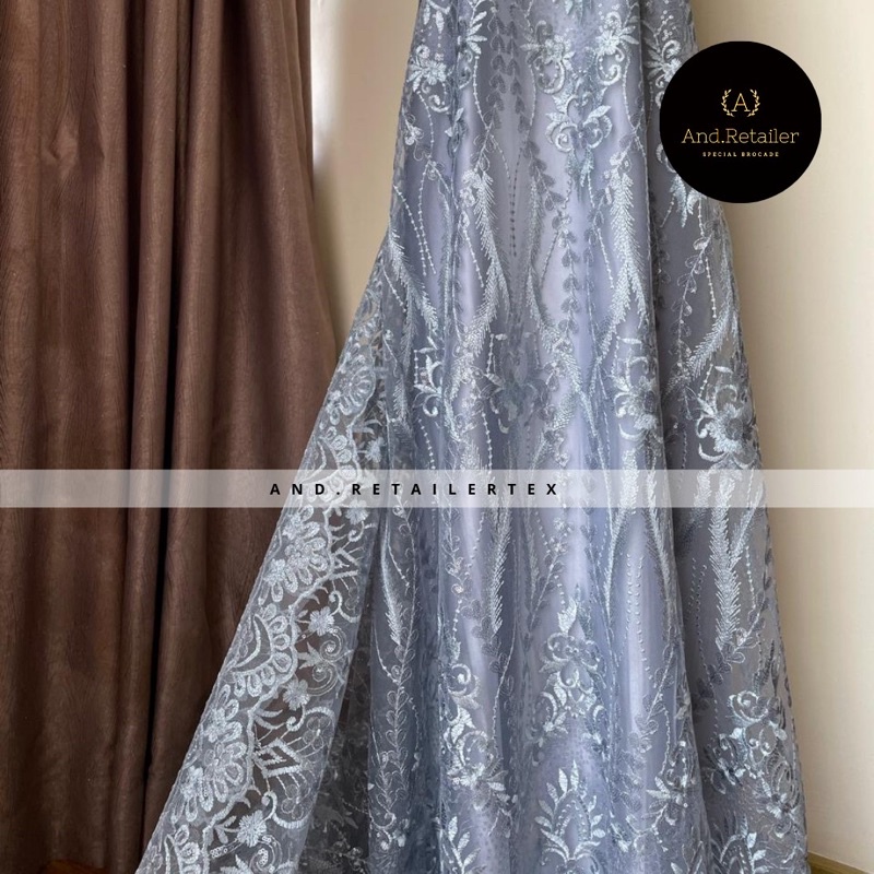 Bahan Kebaya Mewah Brokat Tile Payet Gloria Exclusive Warna Silver Blue