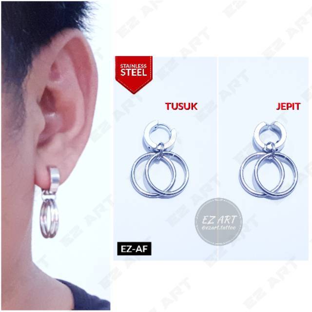 1Pc Model EZ-AF Silver Anting Pria dan Wanita Jepit Tusuk Variasi Bandul Double Ring