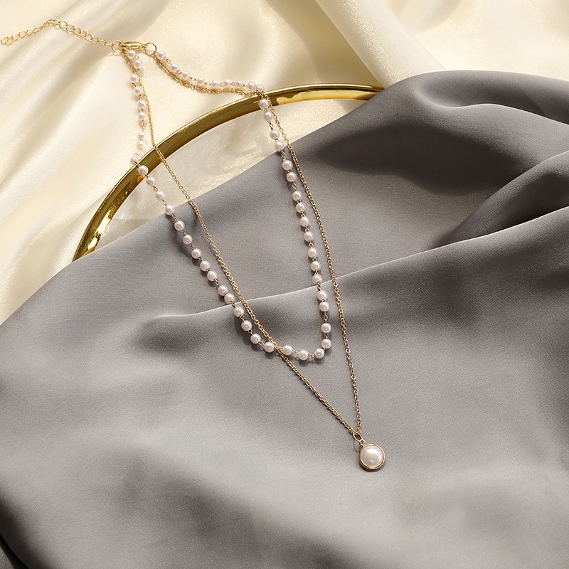Kalung Rantai Klavikula Hias Mutiara Ganda Bahan Logam Gaya Korea Untuk Wanita