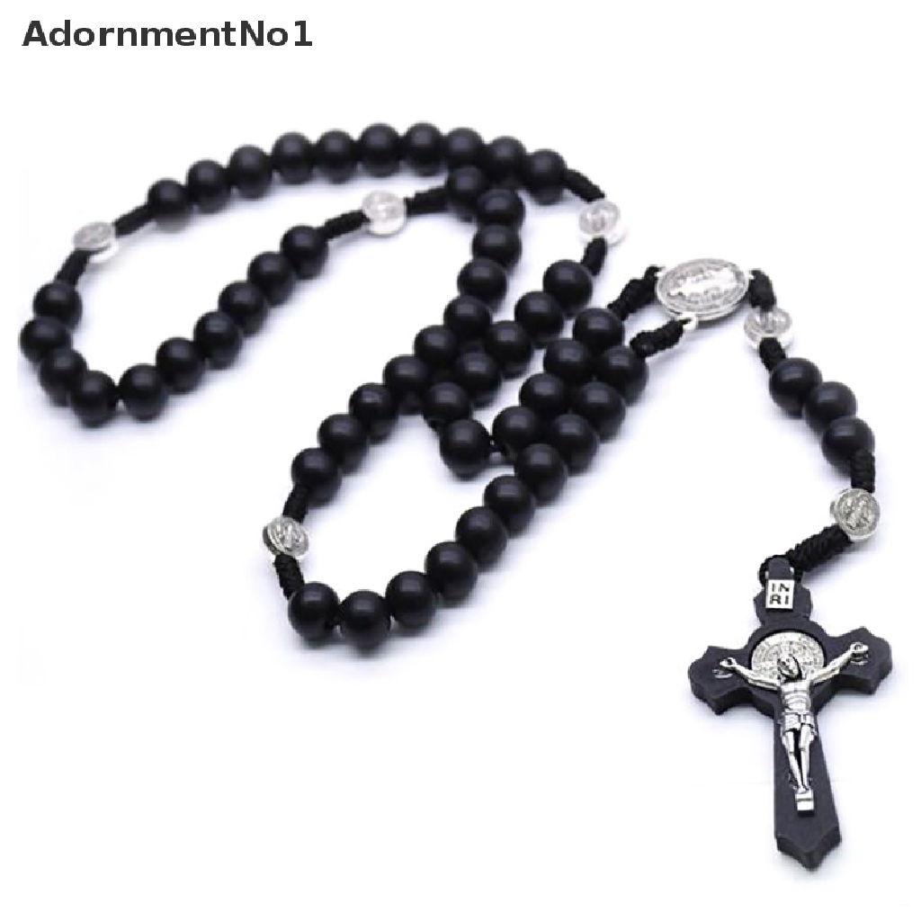 (AdornmentNo1) Kalung Rosario Manik Kayu Hitam Pendan Salib Yesus Gaya Antik