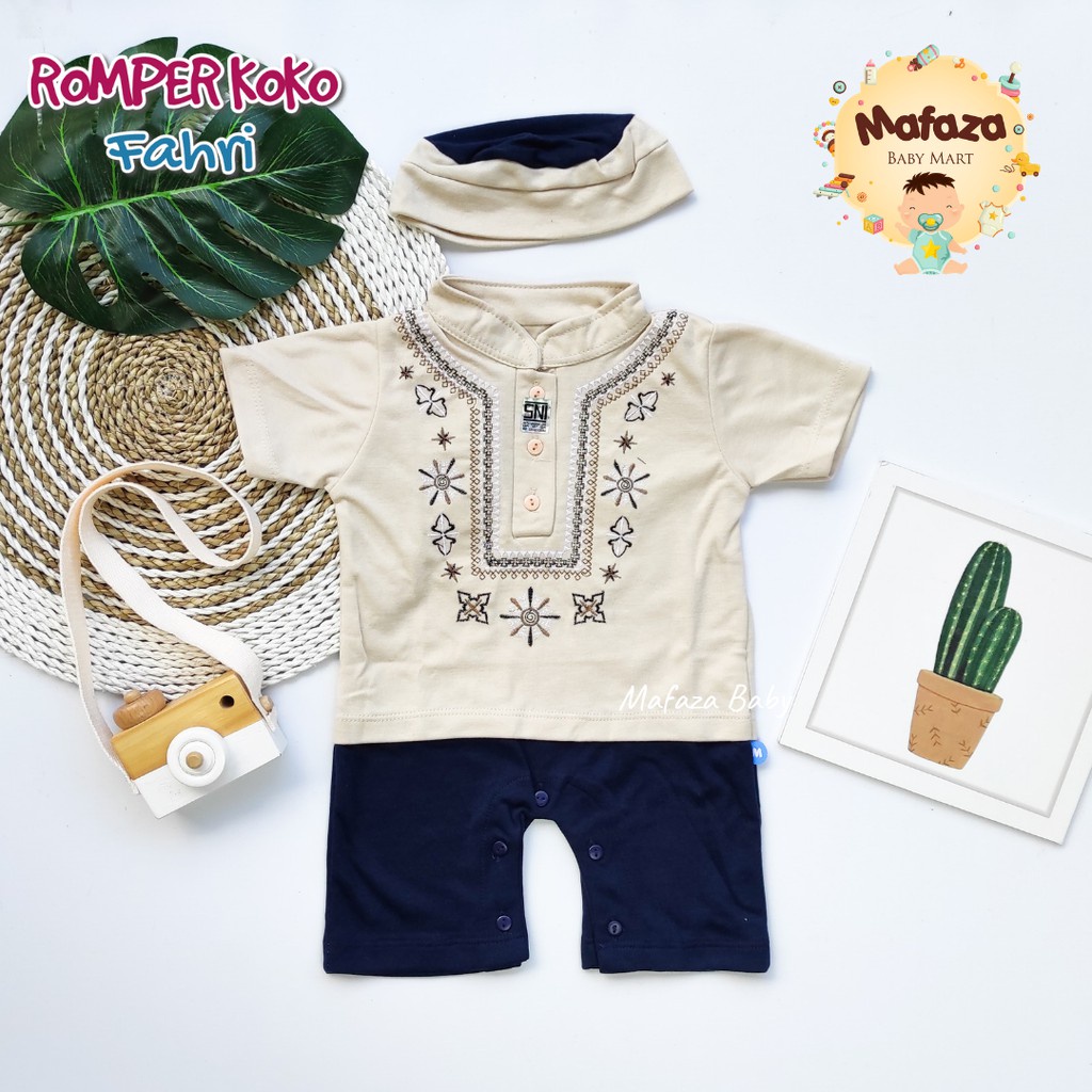 MAFAZABABY Set Jumper Romper Koko Bayi Baju Muslim Anak Bayi Laki-laki Newborn Koko Aqiqah(0-6bulan)-Fahri (krem)