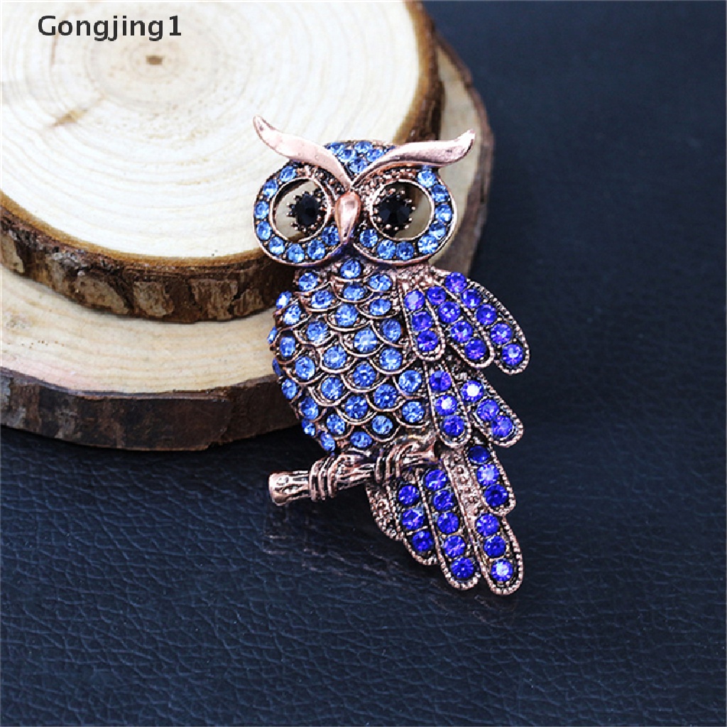 Gongjing1 Bros Pin Bentuk Burung Hantu Emas Aksen Berlian Imitasi Biru Gaya Vintage