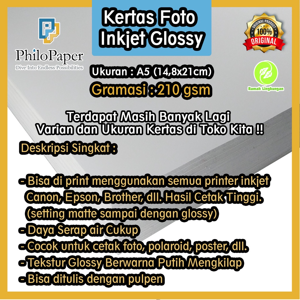 

Kertas Foto Glossy Inkjet 210 Gsm A5