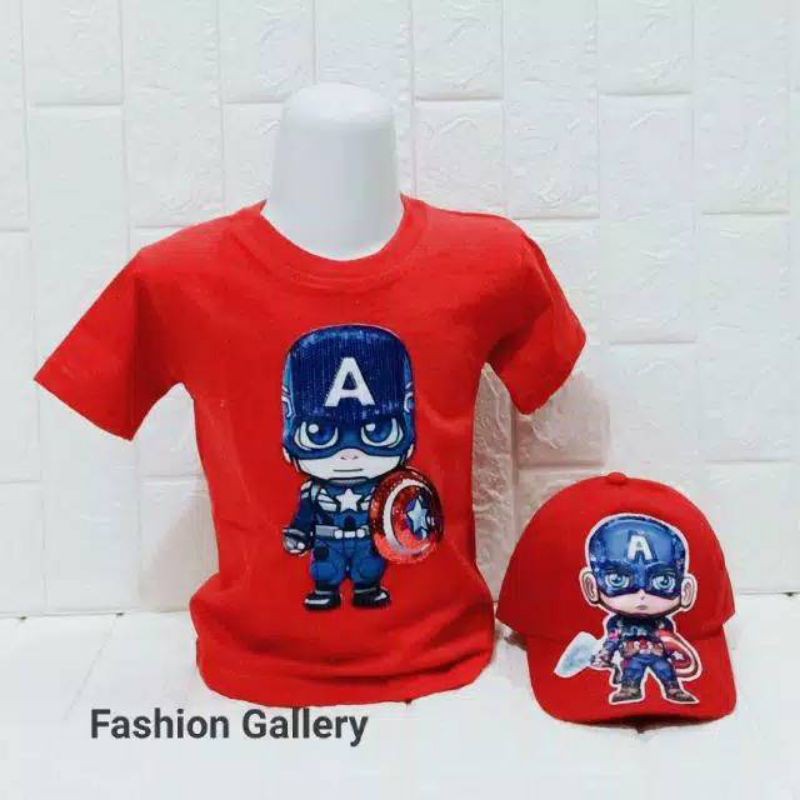 Paket 2in1 kaos anak distro LED CAPTAIN AMERIKA + topi led uk 2-10tahun