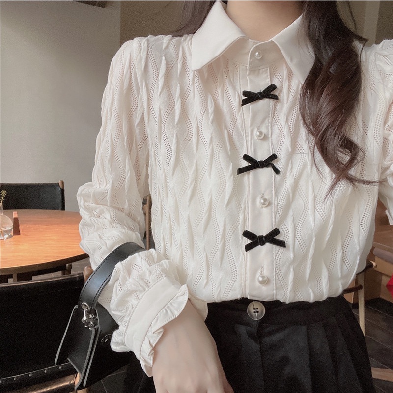 yikoo-Kemeja korea kancing busur elegan shirt blouse wanita atasan