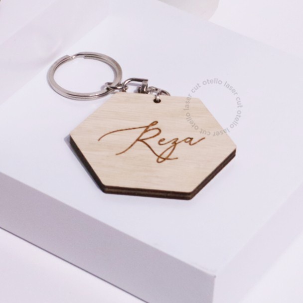 Custom Gantungan Kunci Hexagon Nama Wooden Keychain Ganci Keren