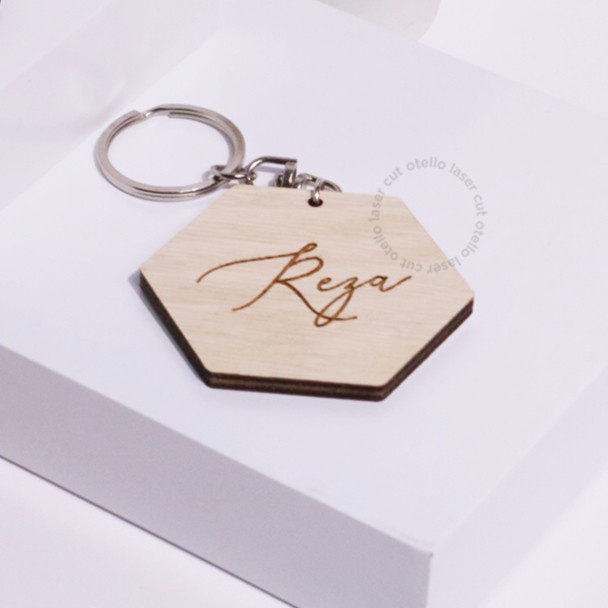 Custom Gantungan Kunci Hexagon Nama Wooden Keychain Ganci Keren