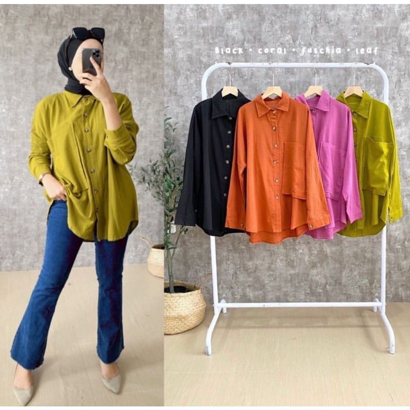 Kemeja Basic Crincle Airflow Atasan Baju Wanita Pocket Full Kancing