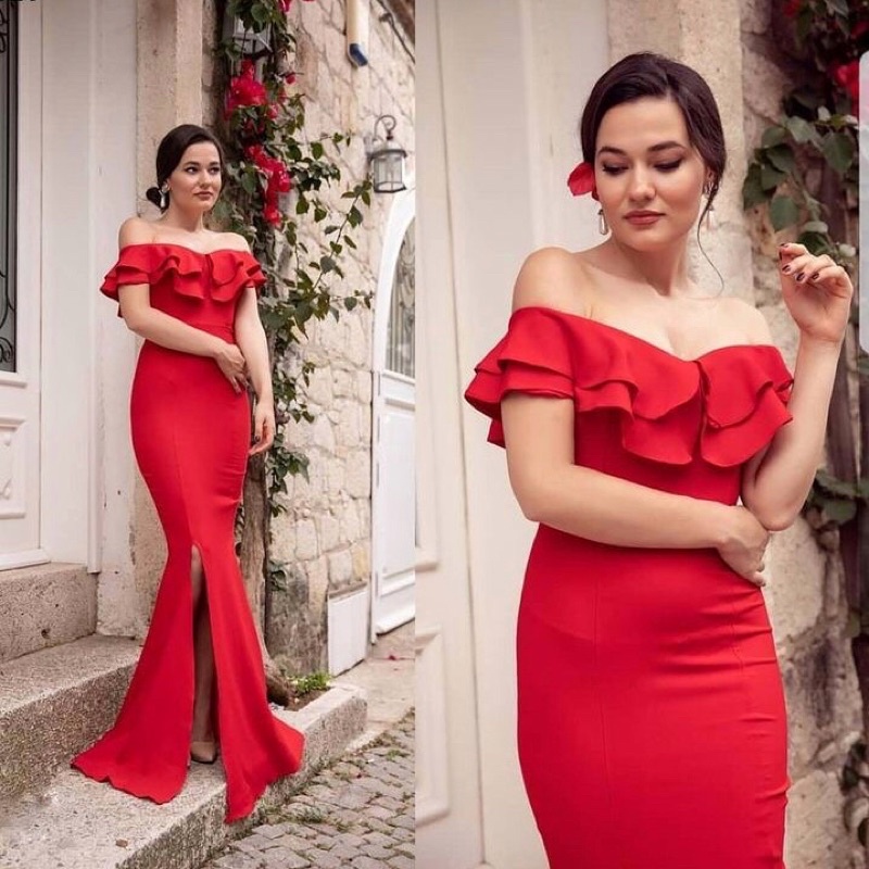 KATHLYN GOWN - Dress pesta sabrina wanita off shoulder maxi slit mermaid dress big size jumbo ukuran