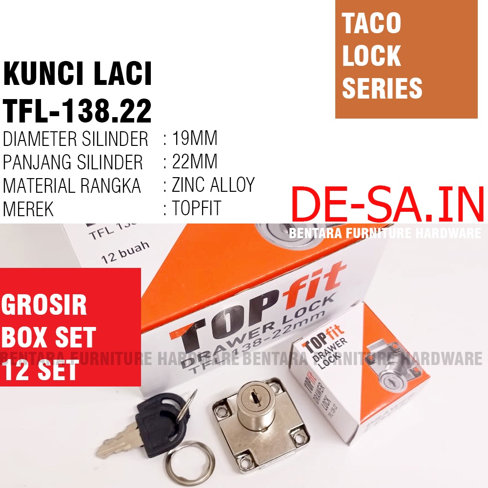 (GROSIR) TOPFIT TFL-138 / 22 MM Kunci Laci Murah Ekonomis KUNCI TOPFIT Lock TFL-138.22 Drawer Lock KEY (BOX SET = 12 PCS)