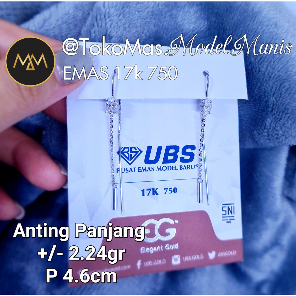 Anting Panjang UBS Batu Oval emas putih 750 kadar 17k