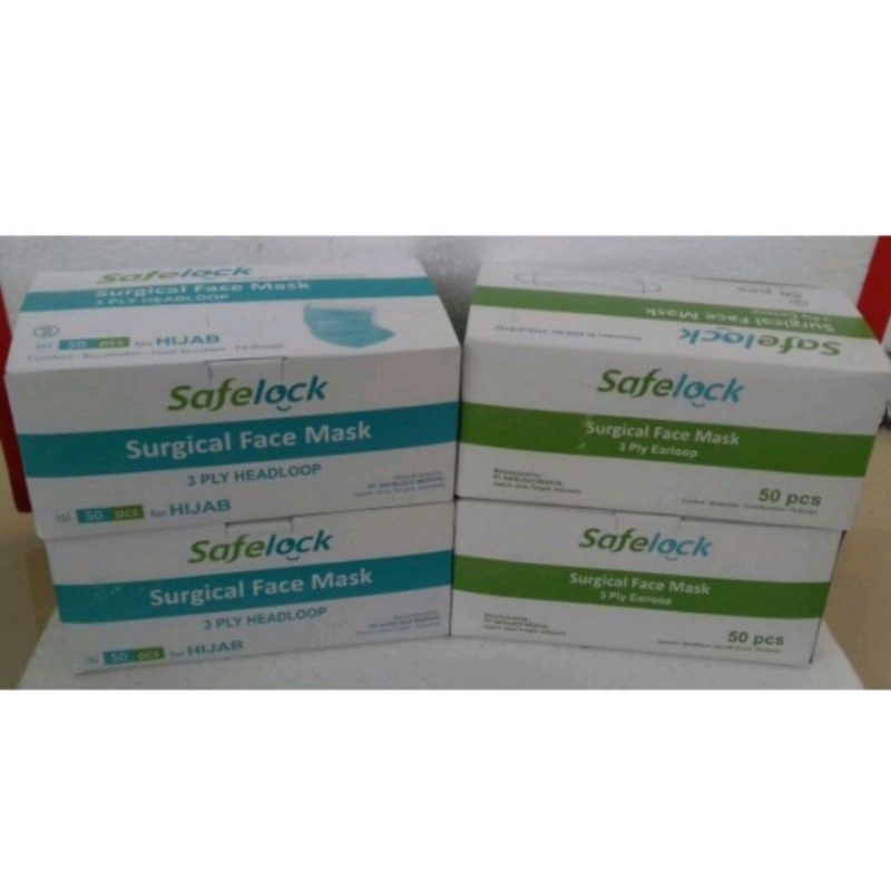 Masker Medis 3 ply Safelock Headloop Earloop Isi 50 AKD Kemenkes