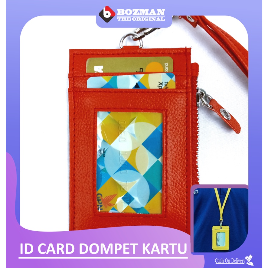 Lanyard ID Card NameTag Resleting Dompet Card Holder Kulit PU Leather Premium