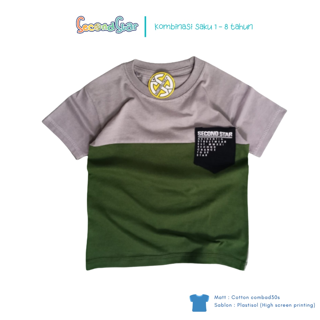 Secondstar baju anak laki laki perempuan unisex Kaos oblong kombinasi saku warna abu army 1-8 tahun