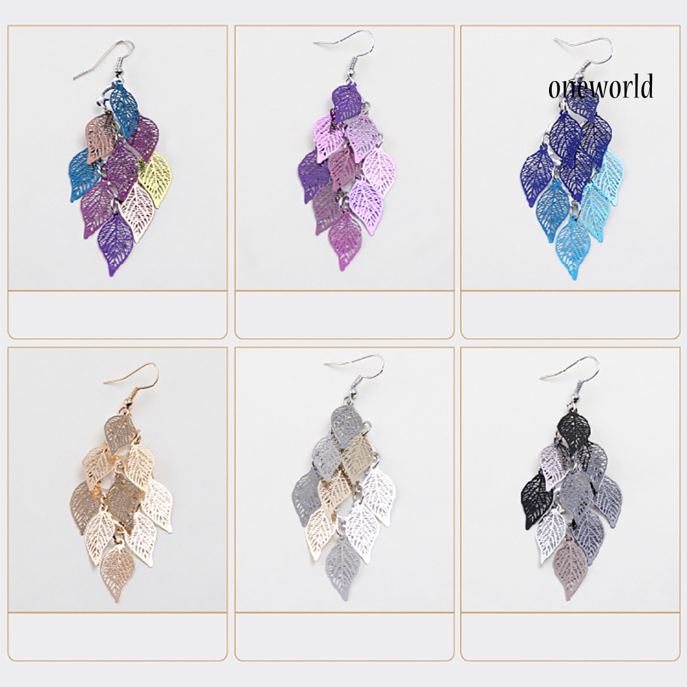 OW@ Lady Colorful Multi Layers Hollow Leaf Elegant Hook Earrings Jewelry Decor