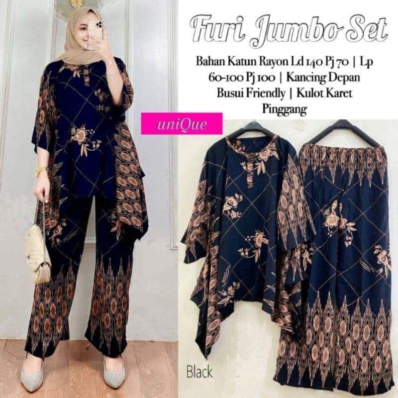 Furi Jumbo Set - One Set Jumbo Katun Rayon Tidie Premium Busui Setelan Wanita Waka Waka Set Celana Kulot Bigsize LD 140 cm