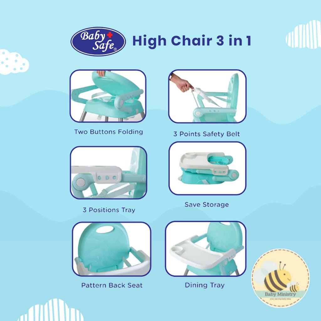 BABY SAFE HIGH CHAIR 3 IN 1 GREEN / kursi makan bayi / high chair / booster seat