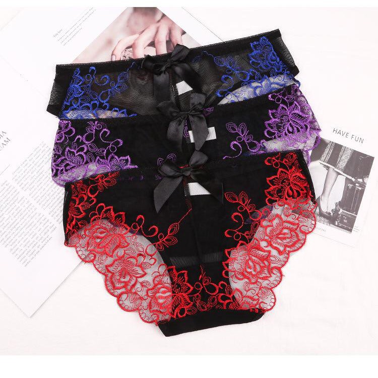 Violet Celana Dalam Underware CD Pakain Dalam Wanita Renda Bordir Bunga Transparan 1059-1