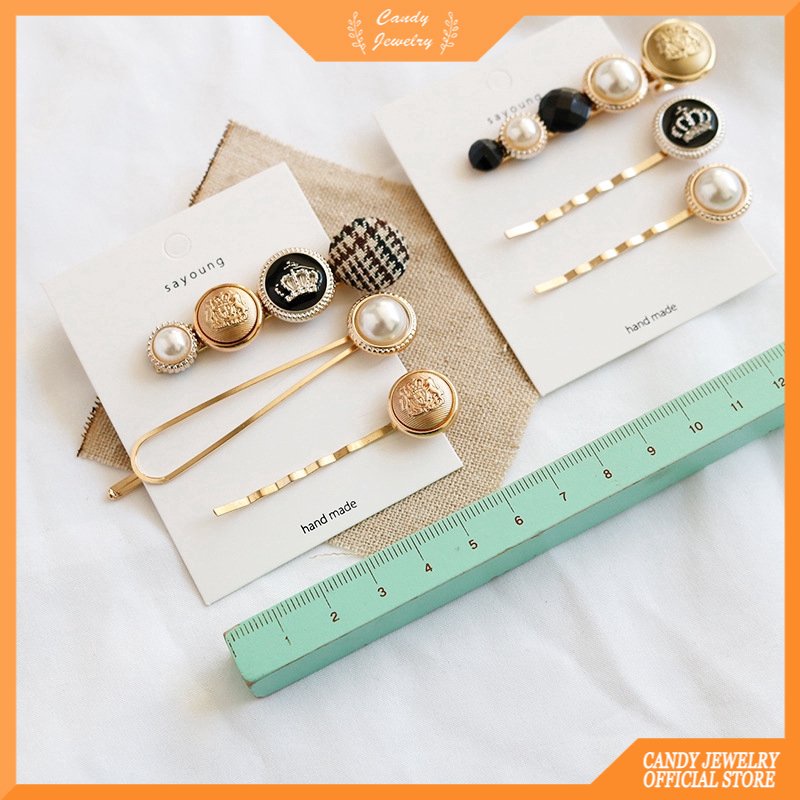 3pcs/set Fashion hairpin headdress Jepit Rambut Houndstooth Button Pearl Side Clip Bangs Clip Word Women Clip Hair Accessories